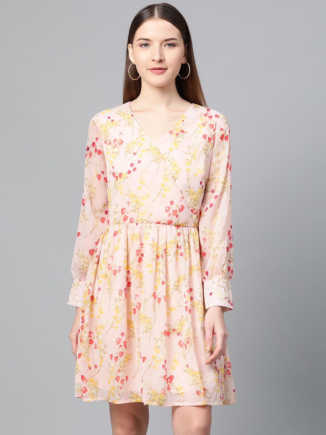 

RUNWAYIN Women Peach-Coloured & Red Floral Print A-Line Dress
