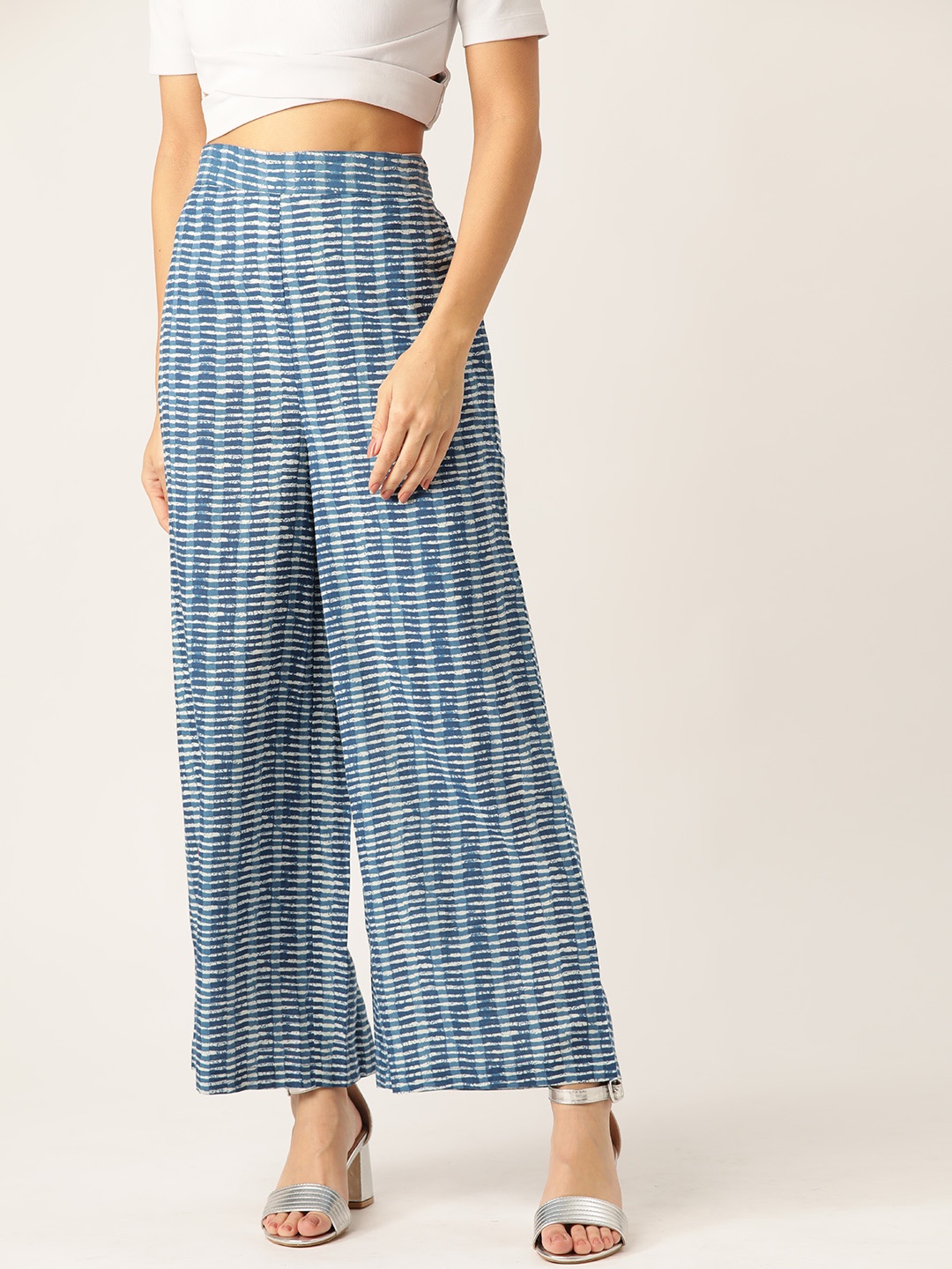 

Sangria Women Navy Blue & White Striped Wide Leg Palazzos