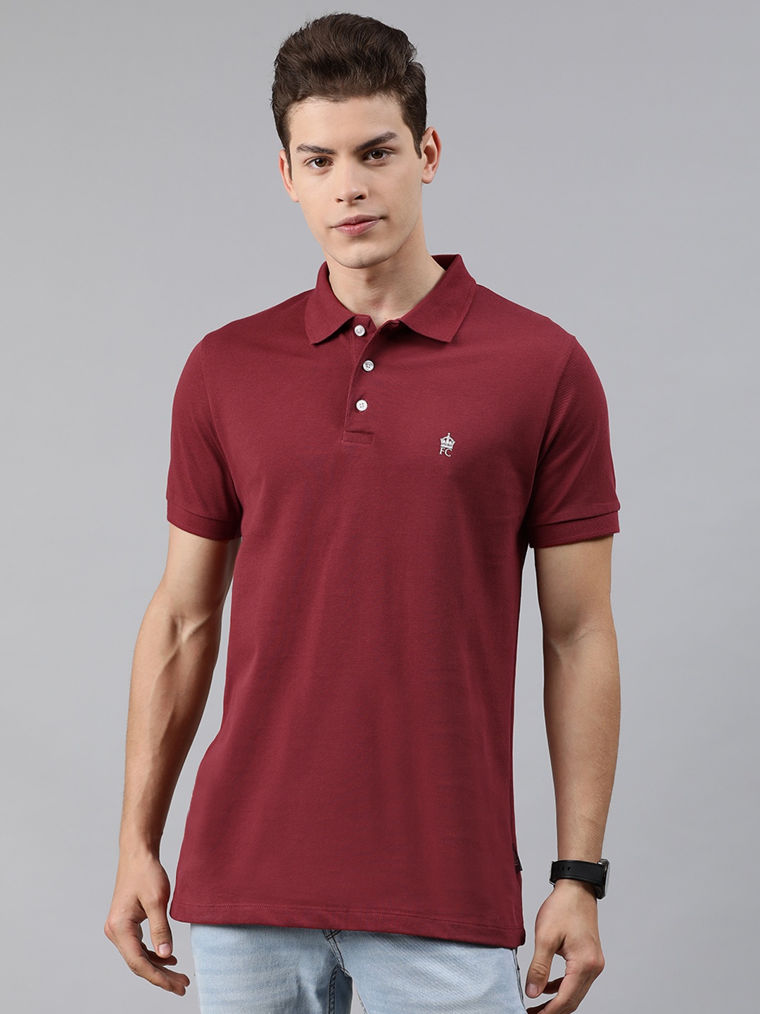

French Connection Men Maroon Solid Polo Collar Pure Cotton T-shirt