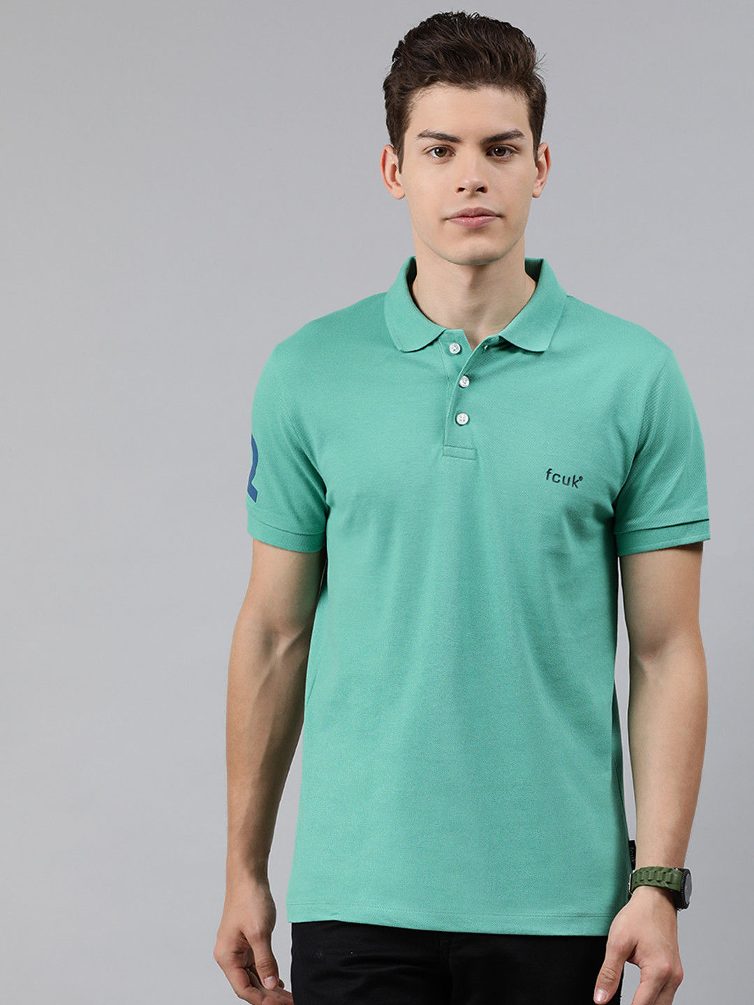 

French Connection Men Green Printed Polo Collar T-shirt