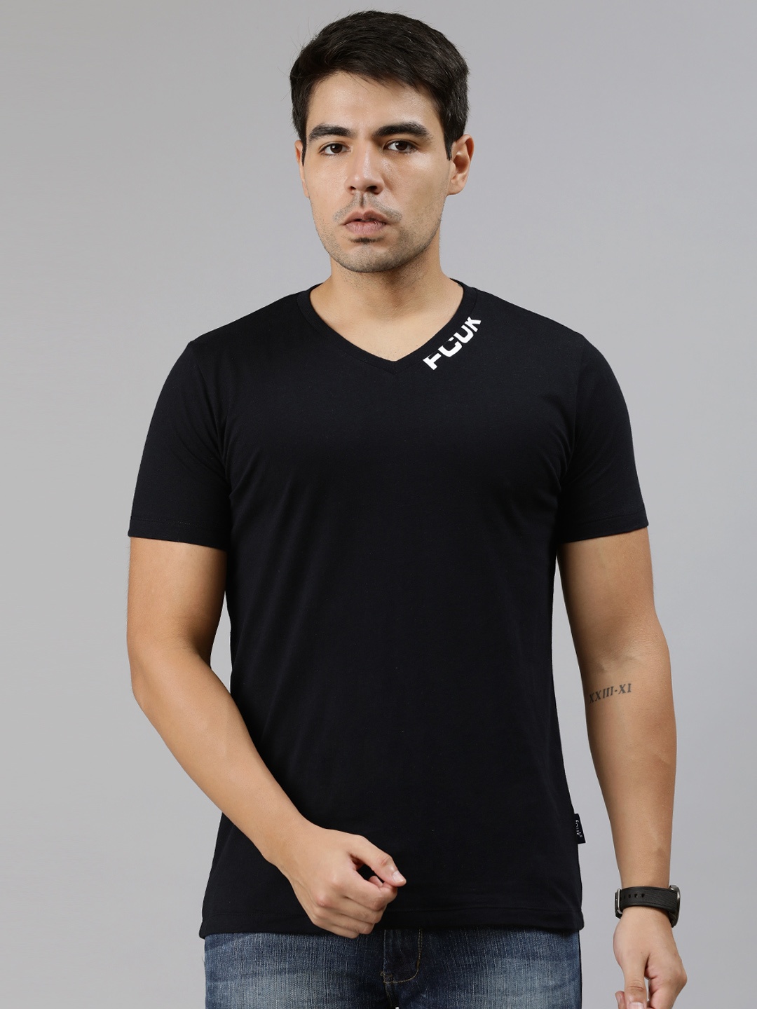 

French Connection Men Black Solid V-Neck Pure Cotton T-shirt