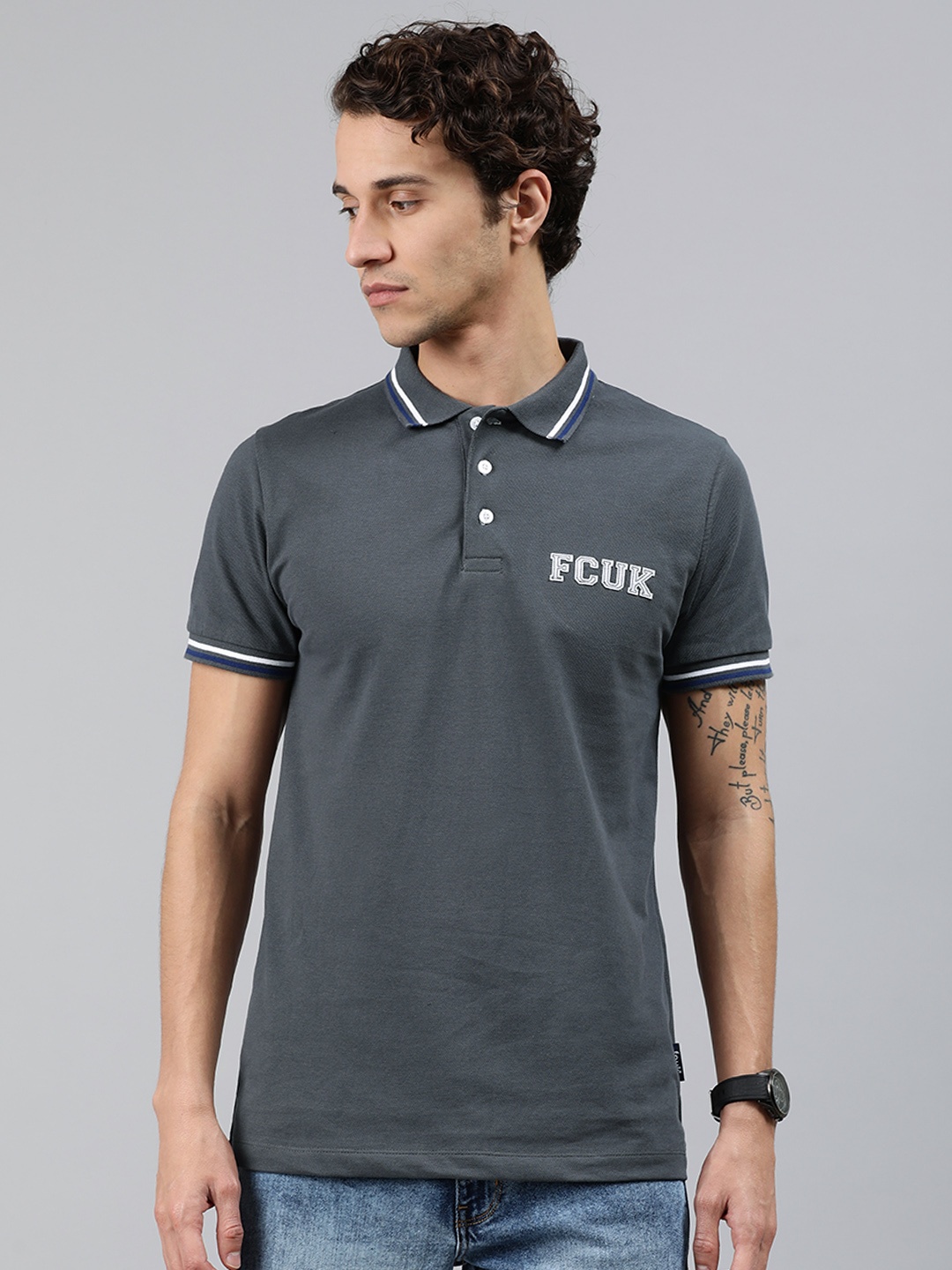 

French Connection Men Grey Solid Polo Collar Pure Cotton T-shirt
