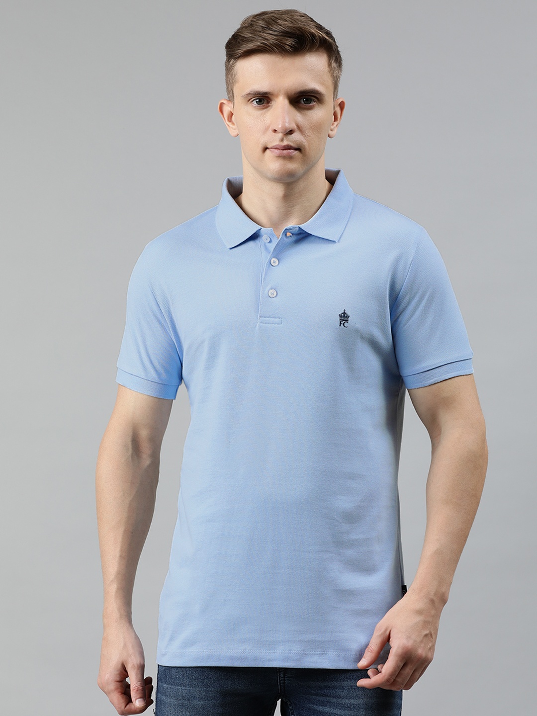 

French Connection Men Blue Solid Slim Fit Polo Collar Pure Cotton T-shirt