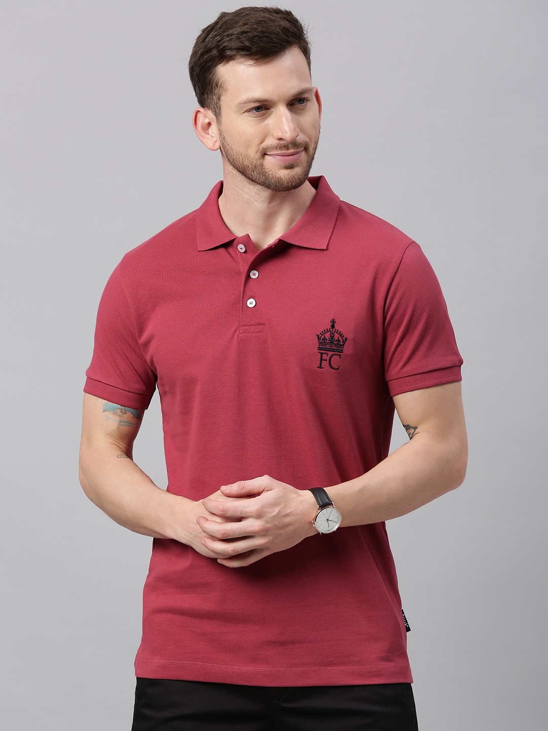 

French Connection Men Red Solid Slim Fit Polo Collar Pure Cotton T-shirt