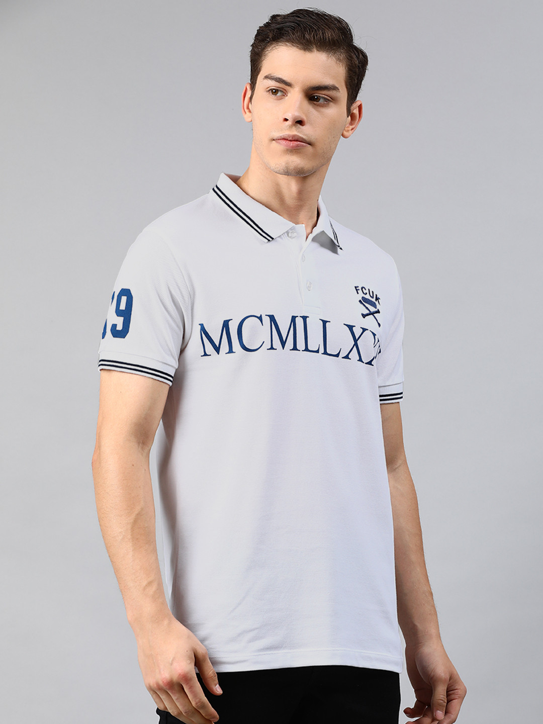 

French Connection Men White Printed Slim Polo Collar Pure Cotton T-shirt