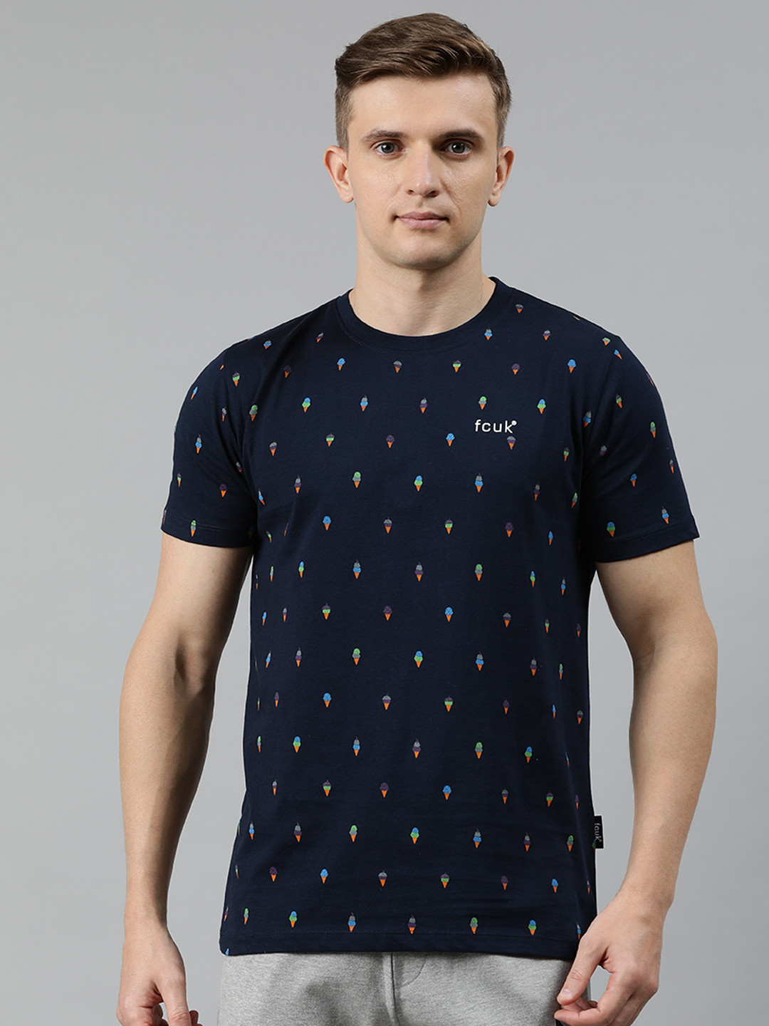 

French Connection Men Navy Blue Printed Slim Fit Round Neck Pure Cotton T-shirt