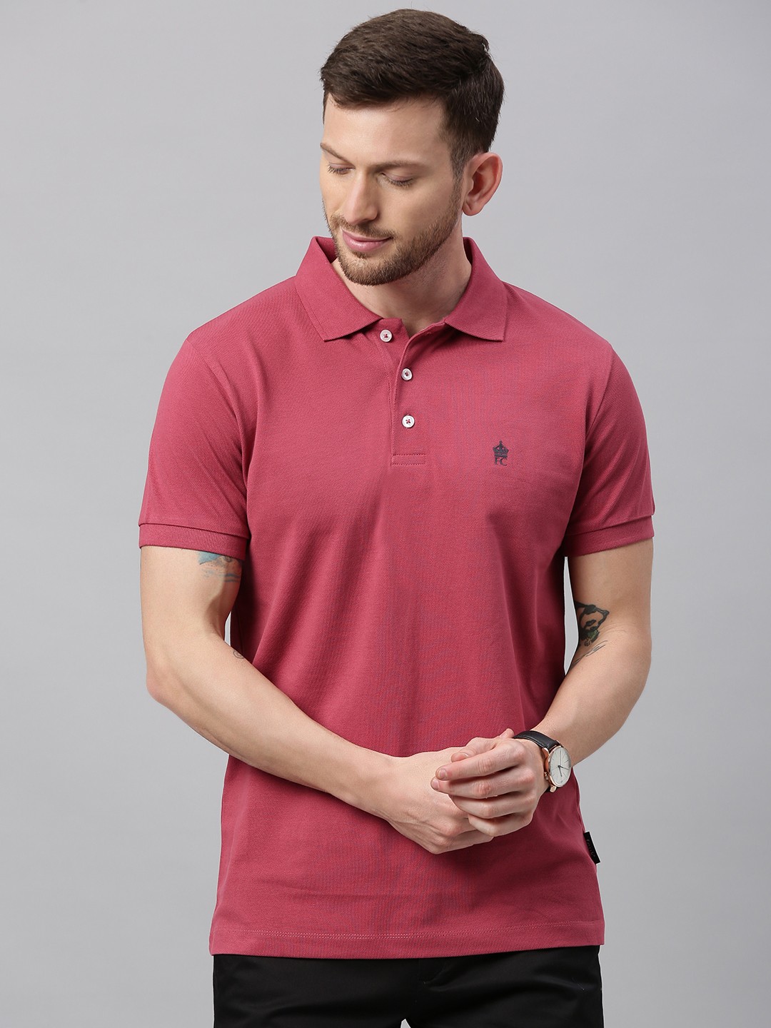 

French Connection Men Red Solid Slim Fit Polo Collar Pure Cotton T-shirt