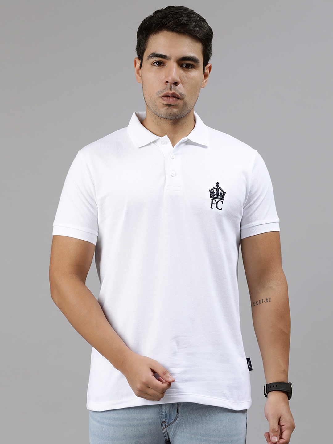 

French Connection Men White Slim Fit Solid Polo Collar Pure Cotton T-shirt