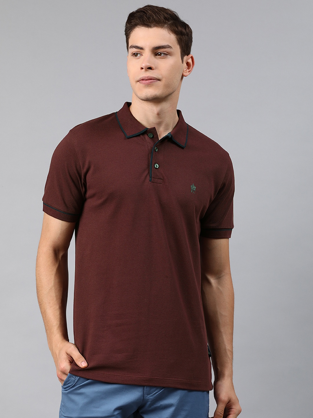 

French Connection Men Burgundy Solid Polo Collar Pure Cotton T-shirt