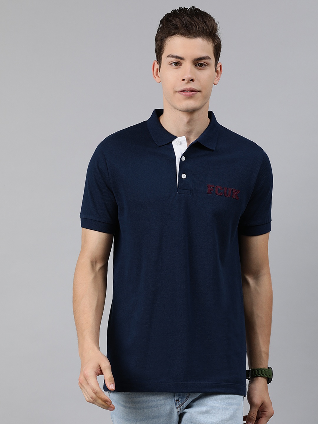 

French Connection Men Navy Blue Solid Polo Collar T-shirt