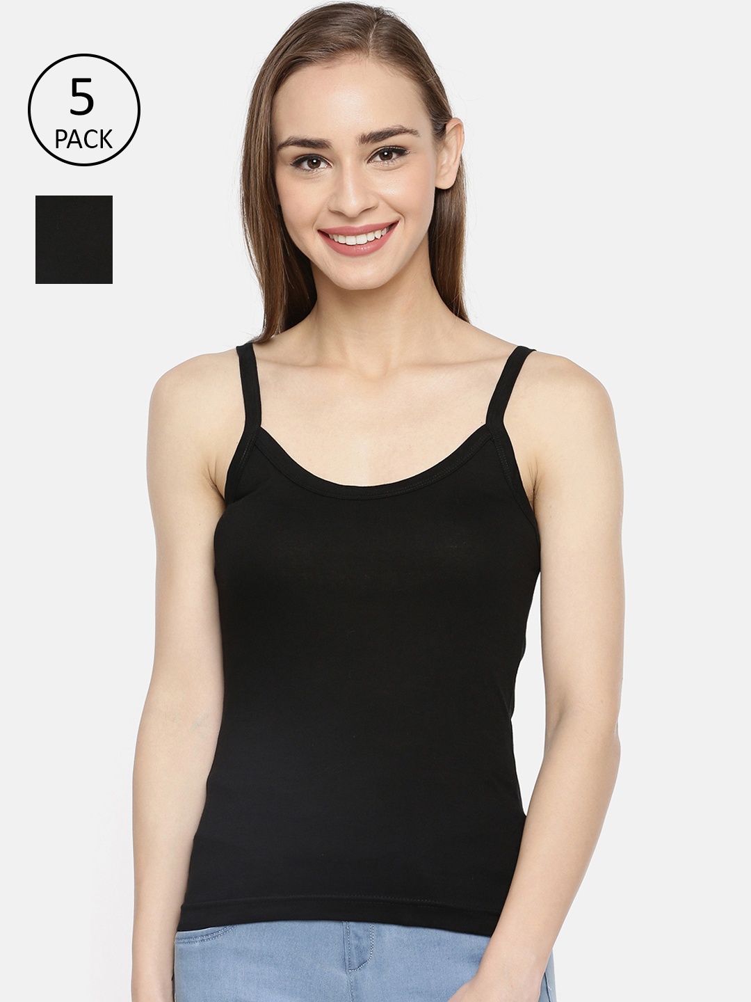 

Dollar Missy Pack Of 5 Solid Slim-Fit Combed Cotton Camisoles, Black