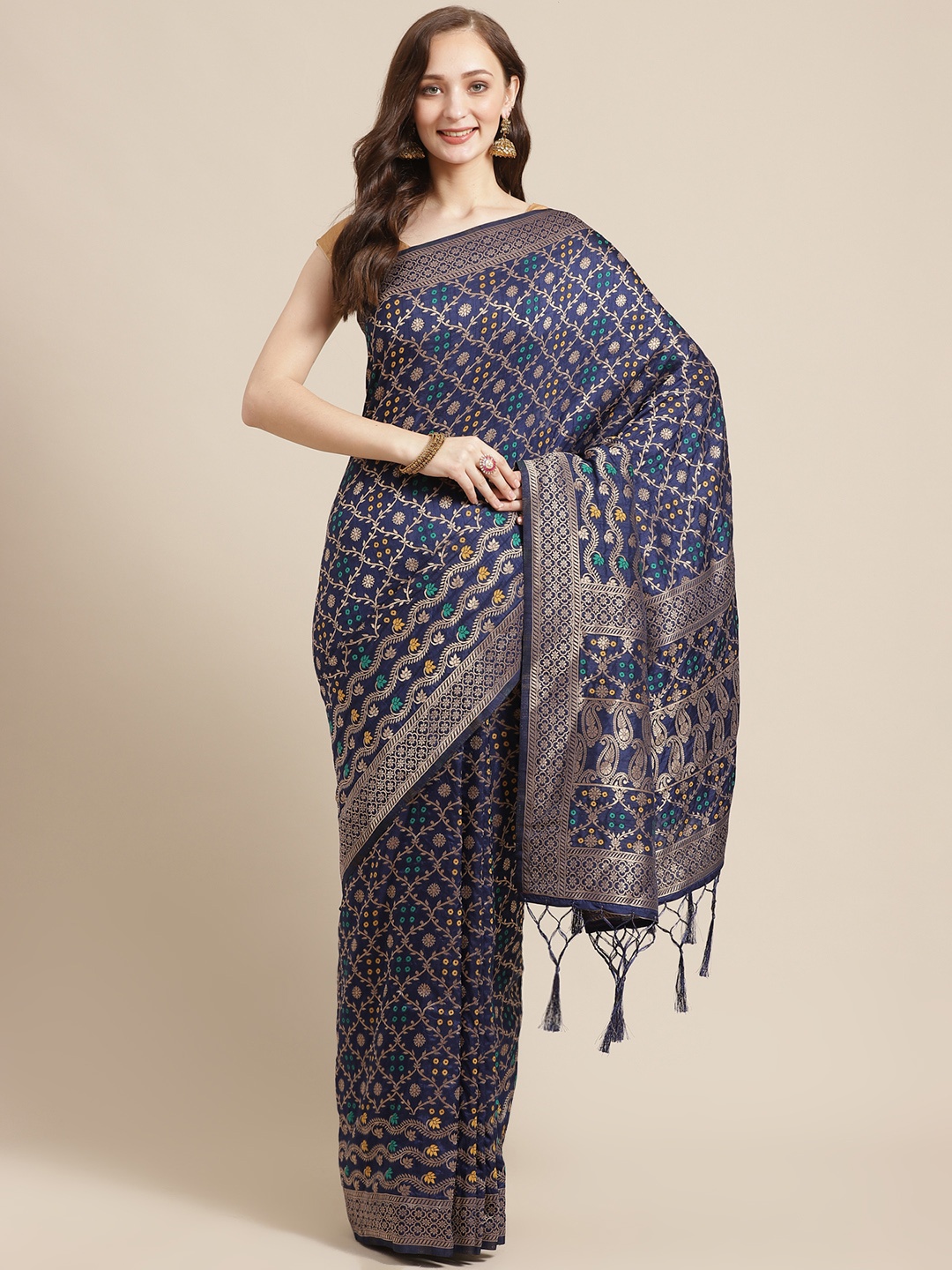 

Shaily Navy Blue & Golden Zari Woven Design Saree