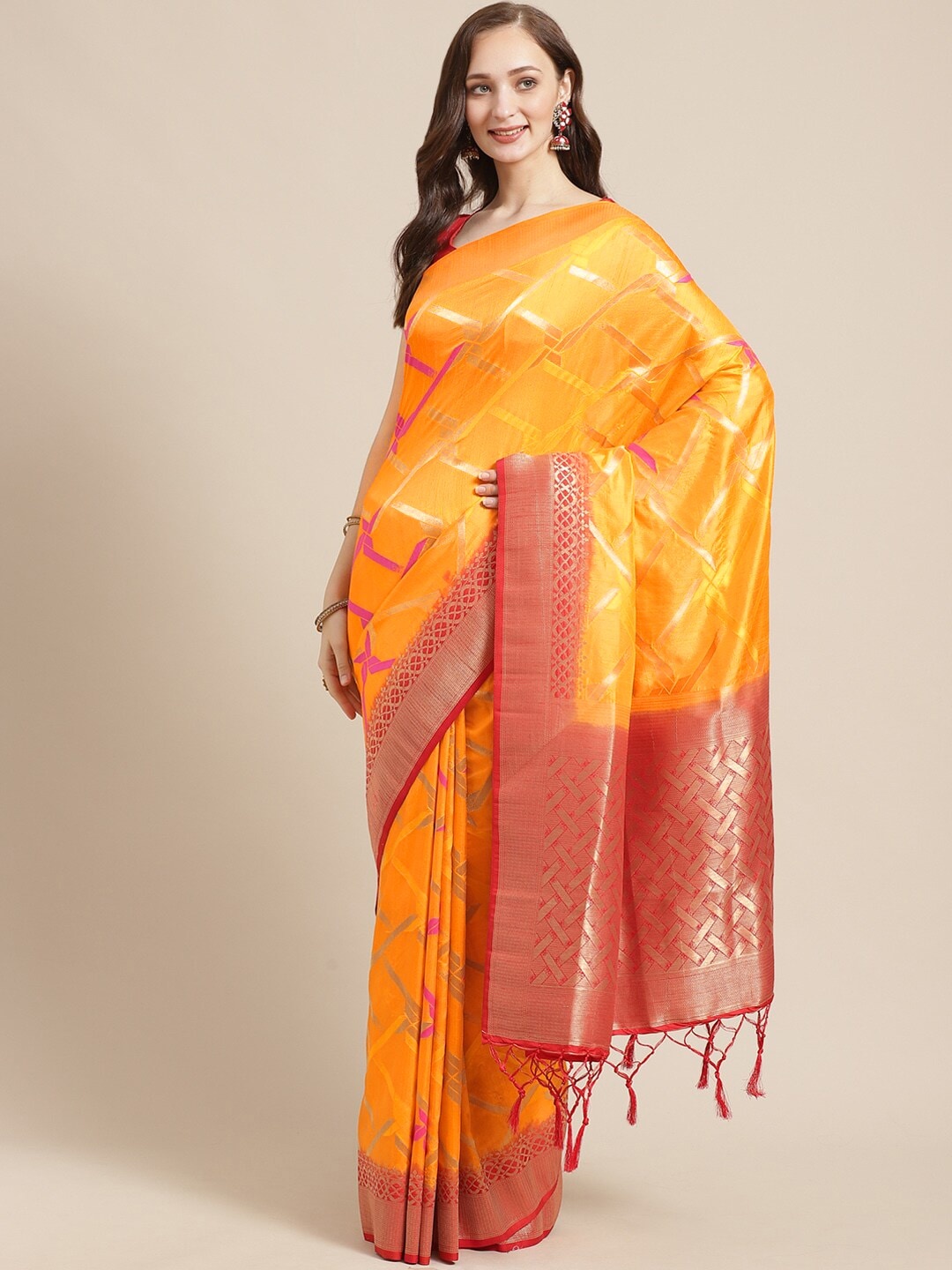 

Shaily Orange & Golden Zari Woven Design Saree