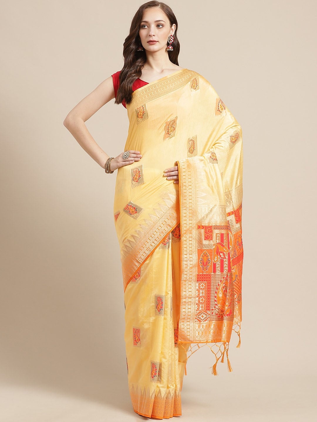 

Shaily Mustard Yellow & Golden Zari Woven Design Saree