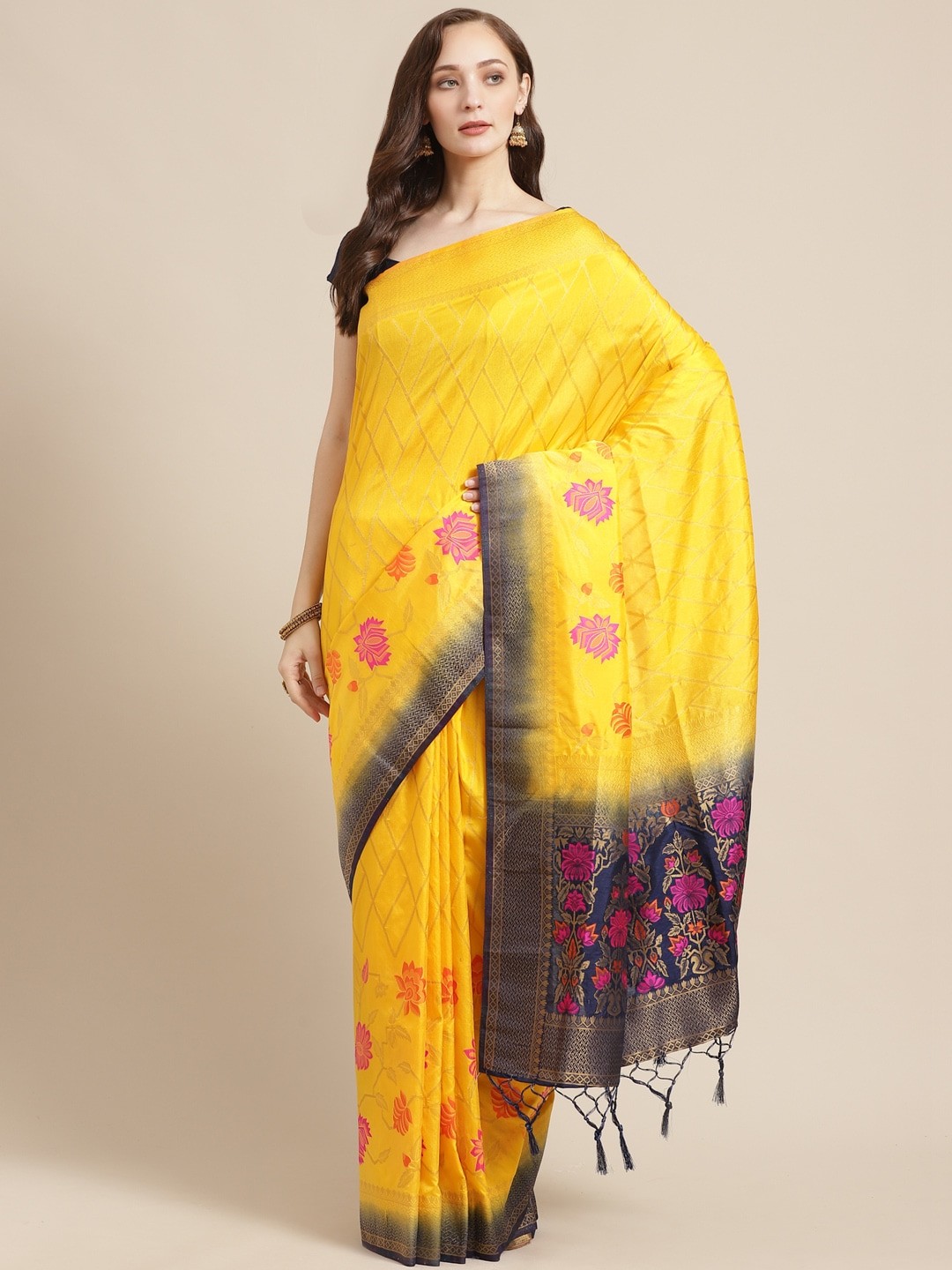 

Shaily Yellow & Navy Blue Zari Woven Design Saree