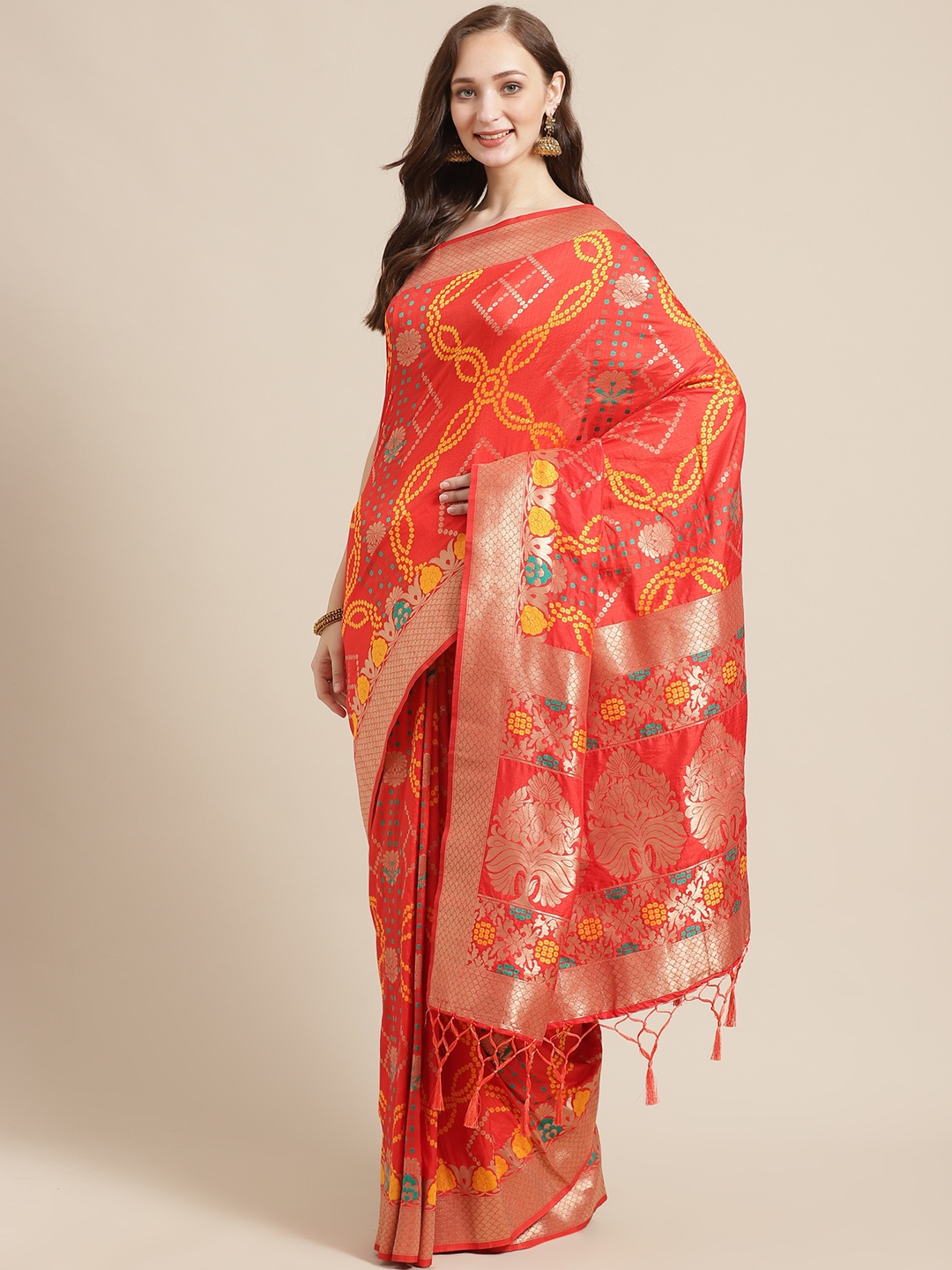 

Shaily Red & Golden Zari Woven Design Saree