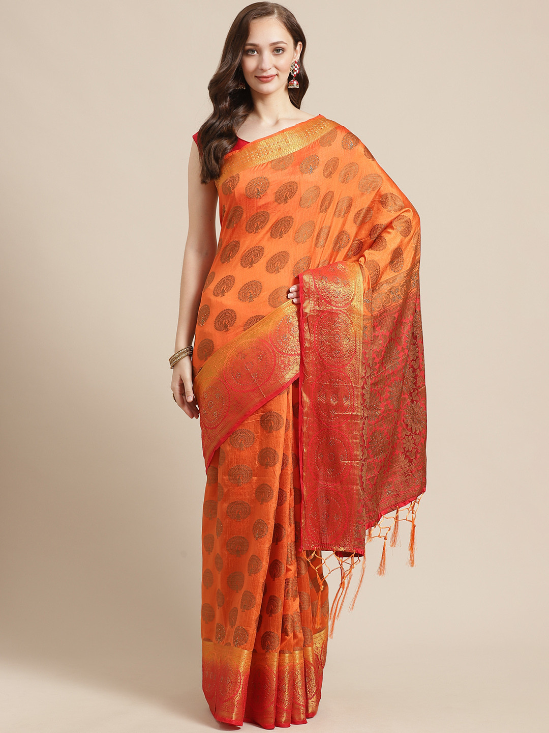 

Shaily Orange & Red Zari Woven Design Saree