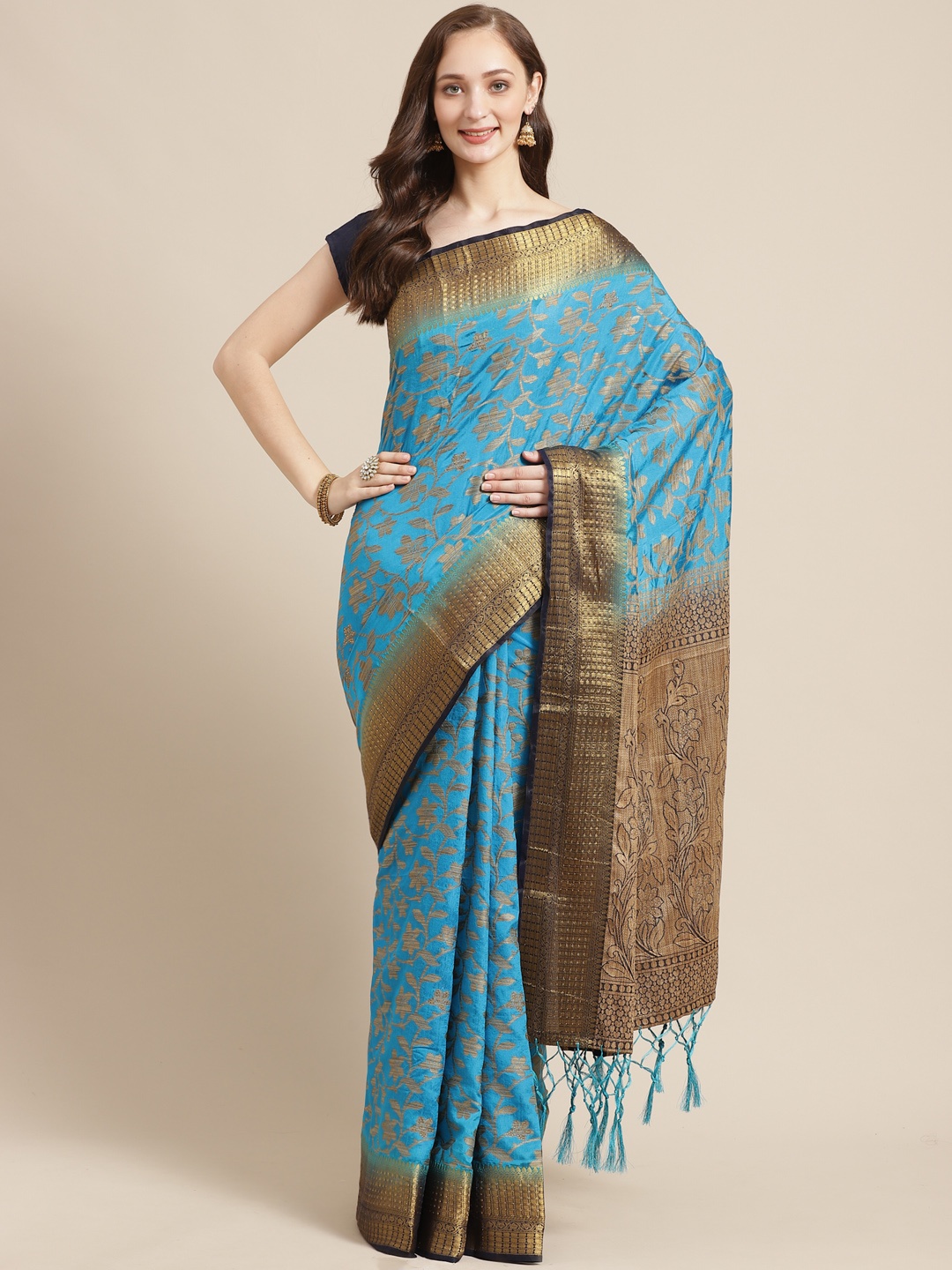

Shaily Blue & Golden Zari Woven Design Saree