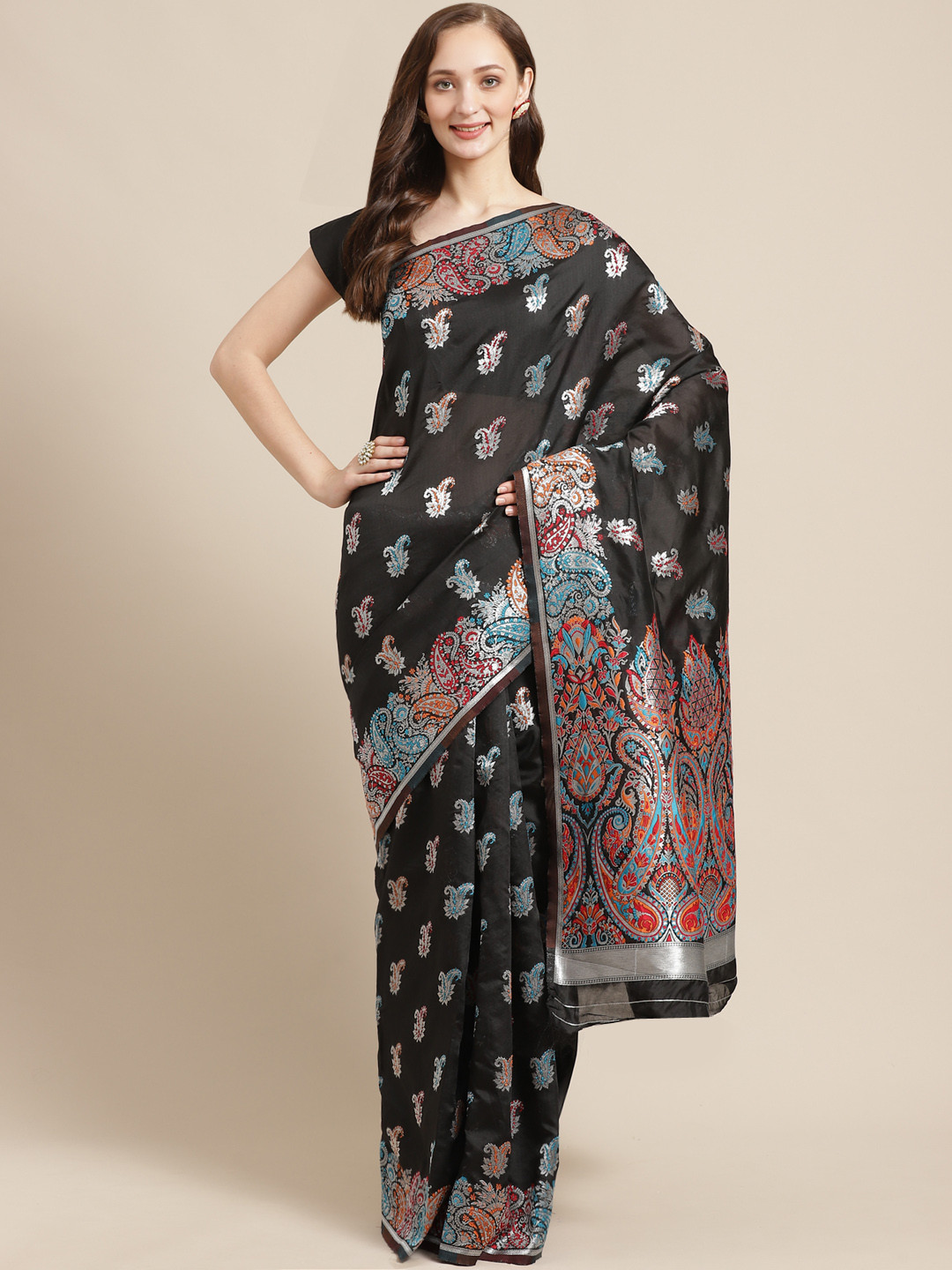 

Shaily Black & Silver Zari Woven Design Saree