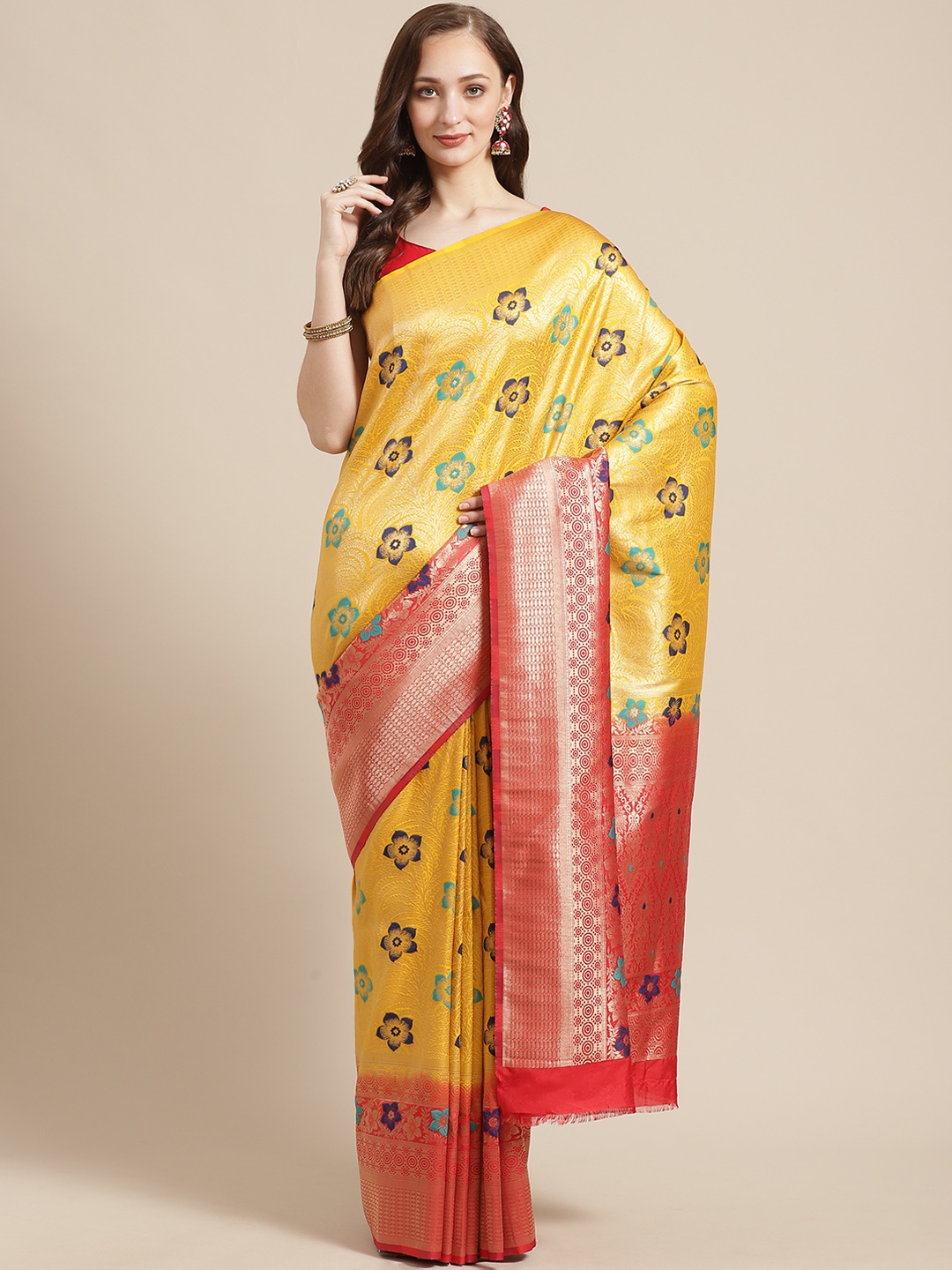 

Shaily Mustard Yellow & Golden Zari Woven Design Saree