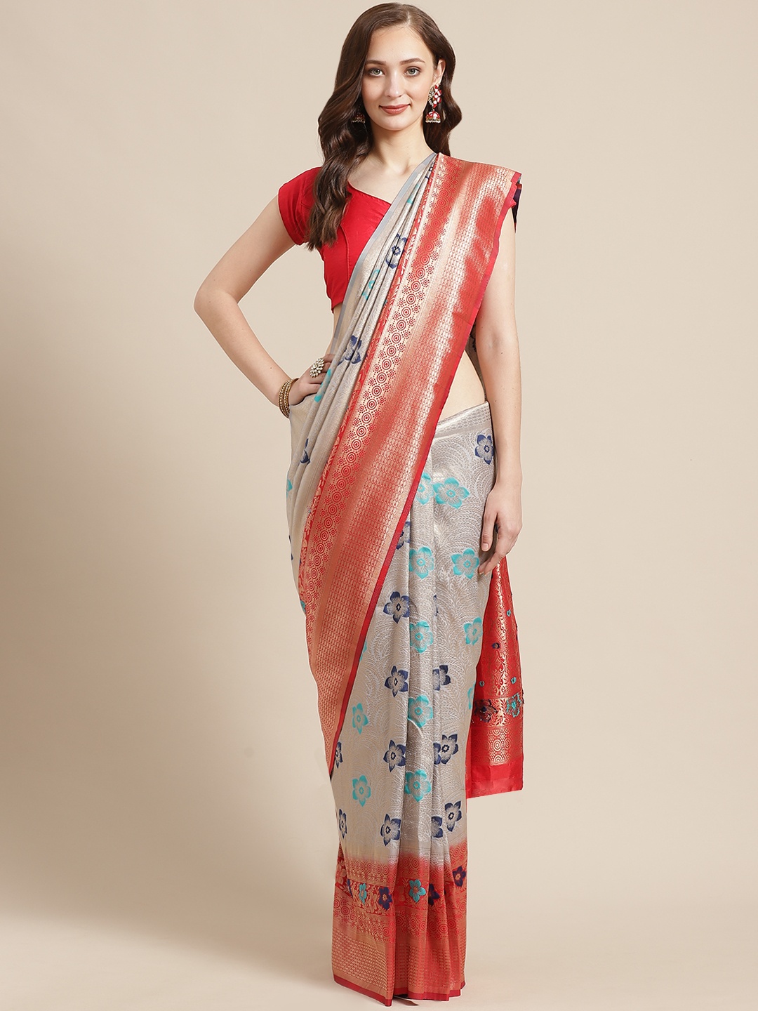 

Shaily Grey & Red Zari Woven Design Saree