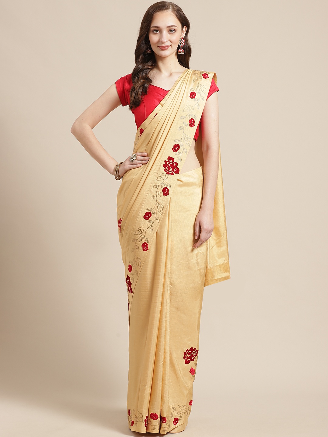 

Shaily Beige & Red Solid Saree
