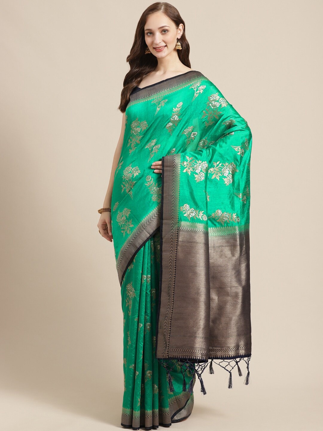 

Shaily Green & Golden Zari Woven Design Saree