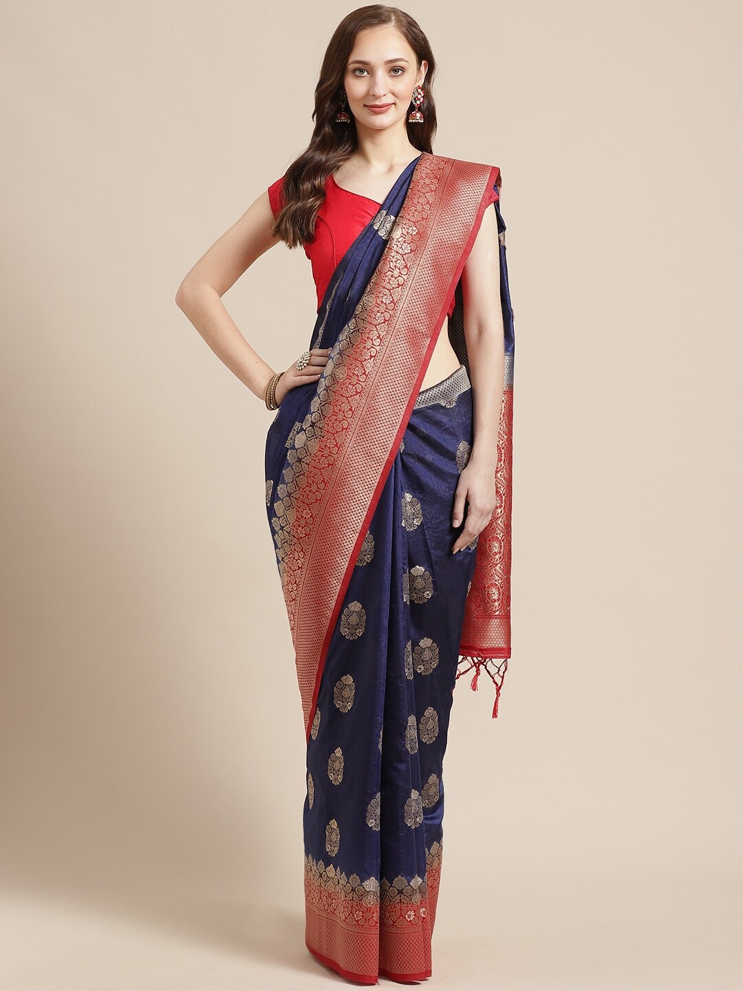 

Shaily Navy Blue & Golden Zari Woven Design Saree