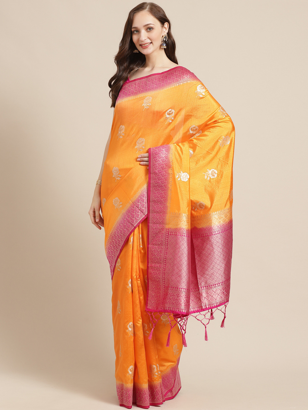 

Shaily Orange & Pink Zari Woven Design Saree