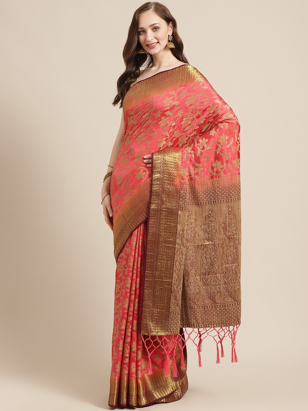 

Shaily Coral Red & Beige Zari Woven Design Saree