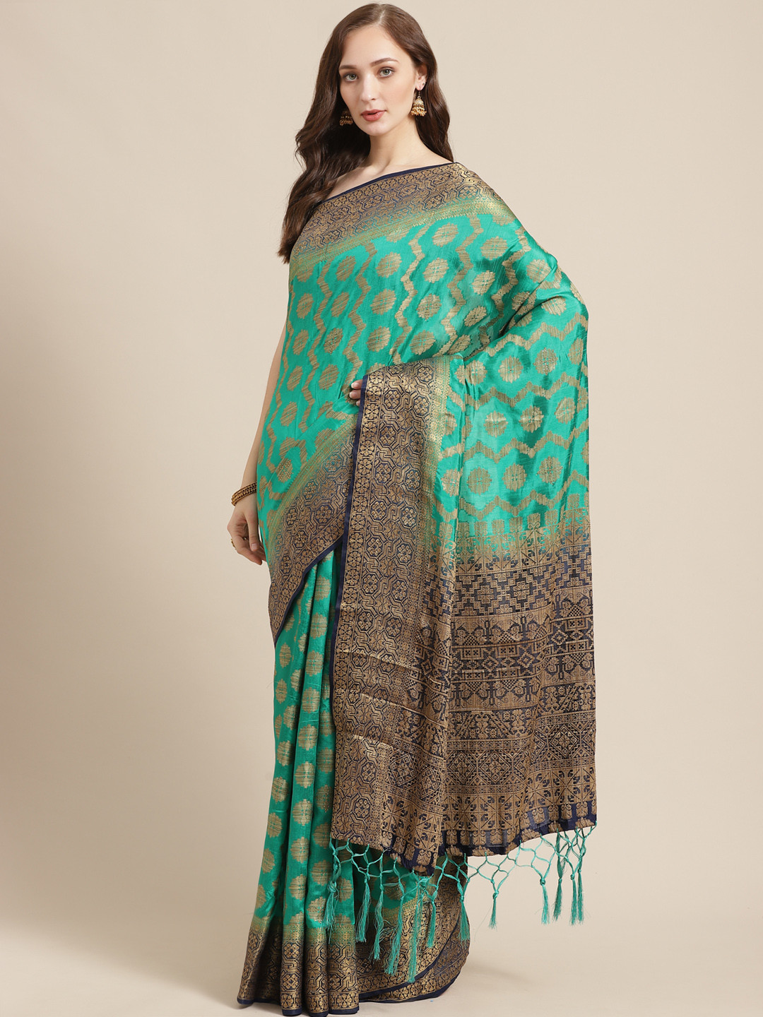 

Shaily Green & Golden Zari Woven Design Saree