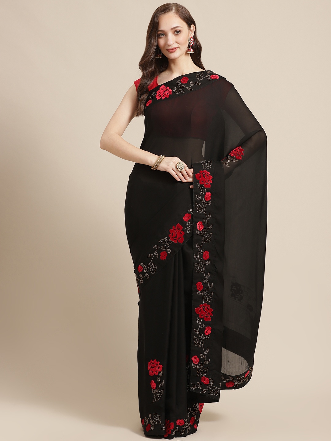 

Shaily Black Solid Satin Finish Saree