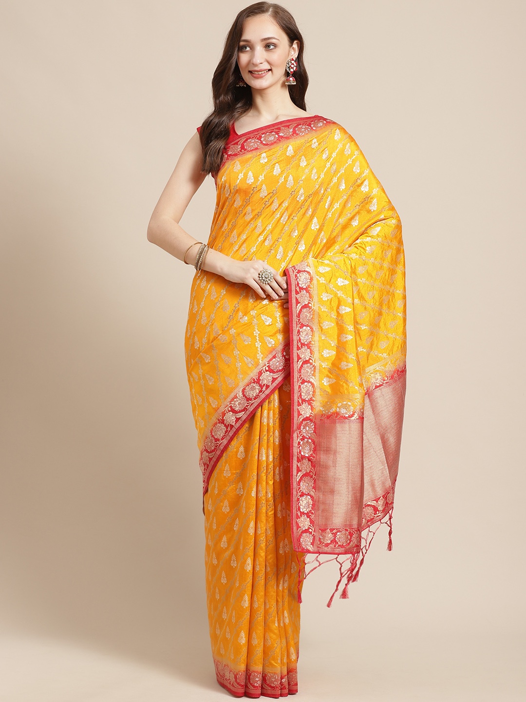 

Shaily Mustard Yellow & Golden Zari Woven Design Saree