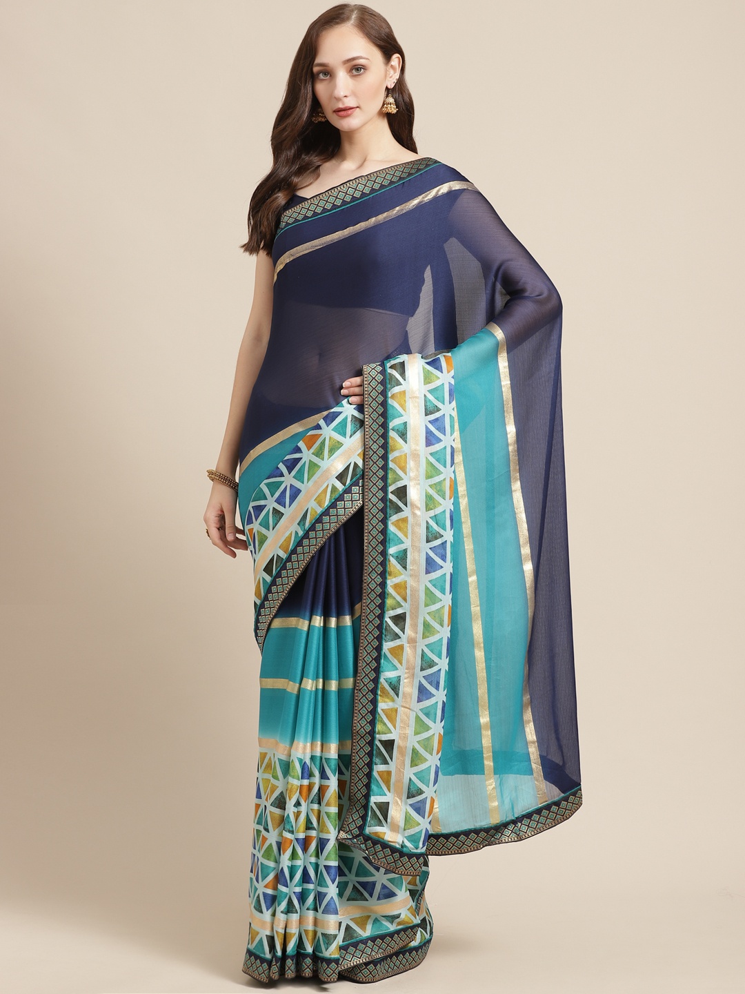 

Shaily Navy Blue & Green Printed Saree