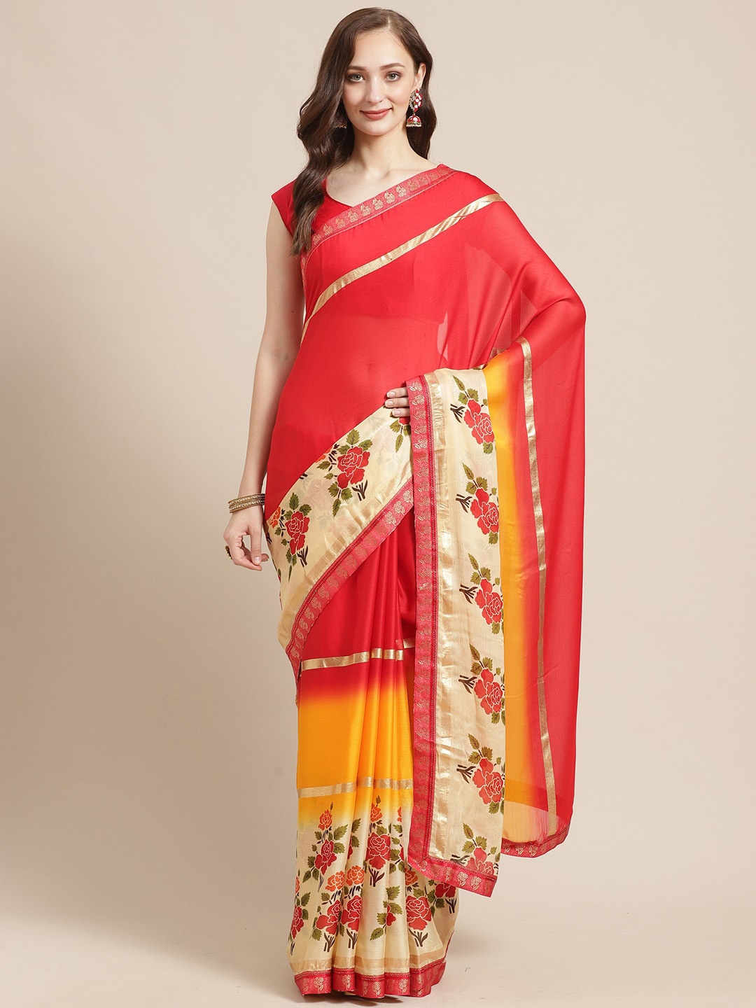 

Shaily Red & Yellow Floral Print Saree