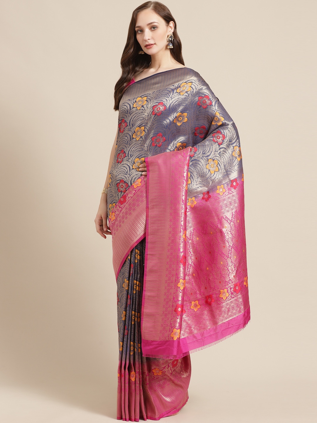 

Shaily Navy Blue & Pink Zari Woven Design Saree