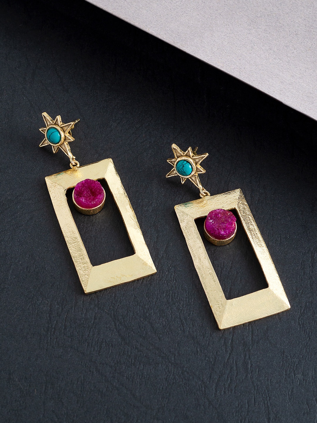 

Golden Peacock Gold-Toned & Red Contemporary Drop Earrings