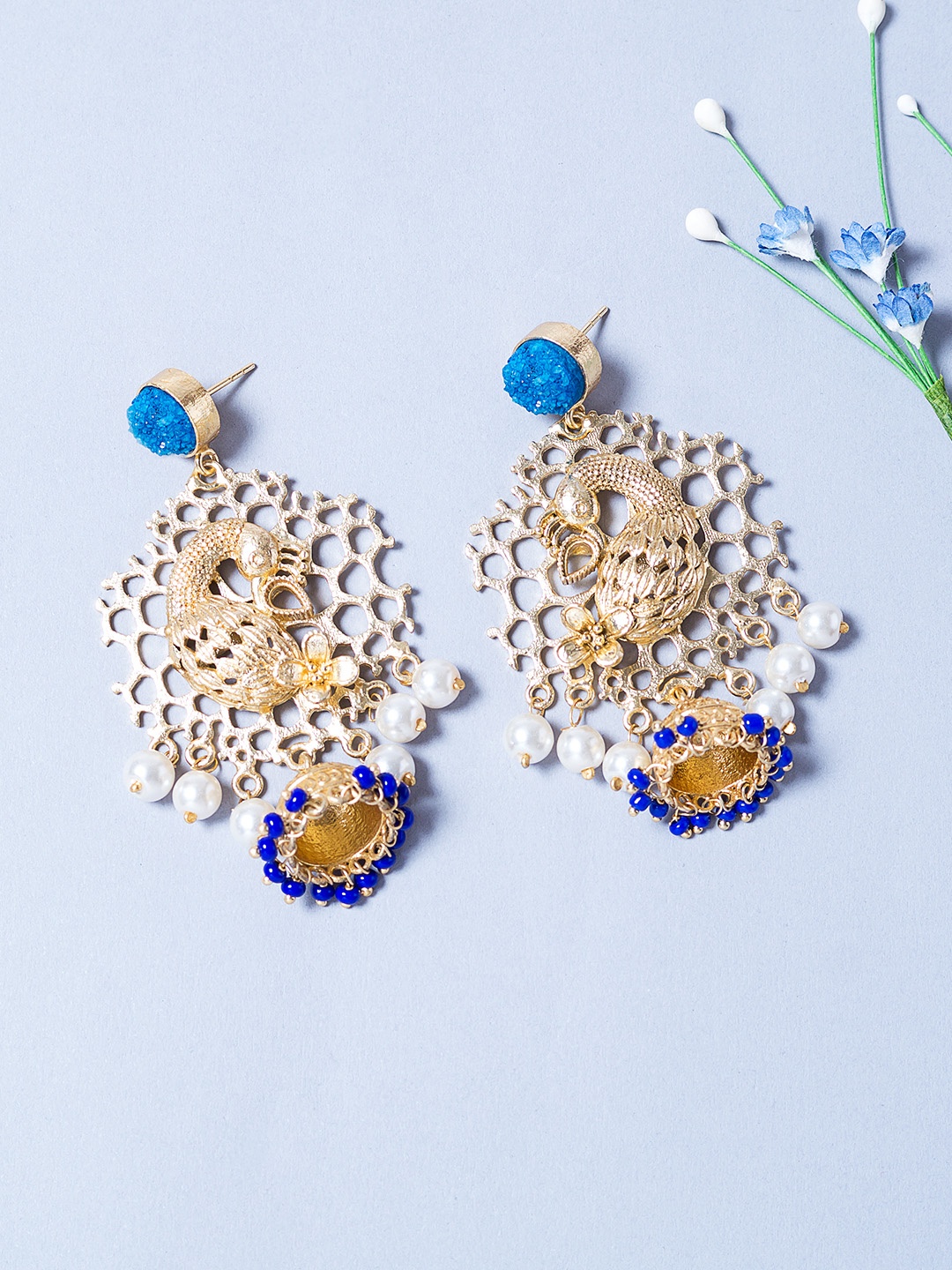 

Golden Peacock Blue Gold Plated Handcrafted Peacock Shaped Jhumkas