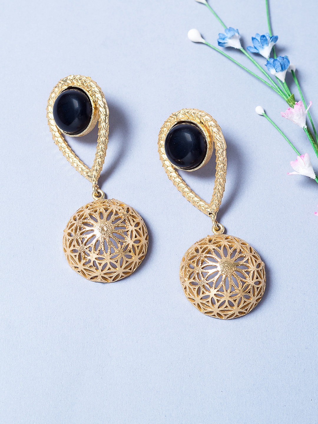 

Golden Peacock Gold-Plated & Black Contemporary Drop Earrings