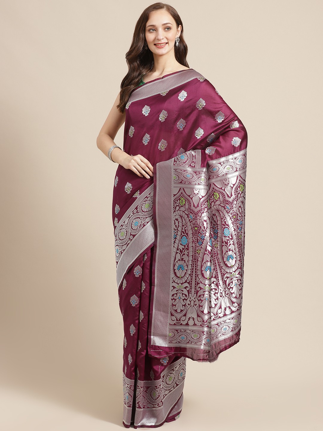 

Shaily Purple & Silver Zari Woven Design Saree