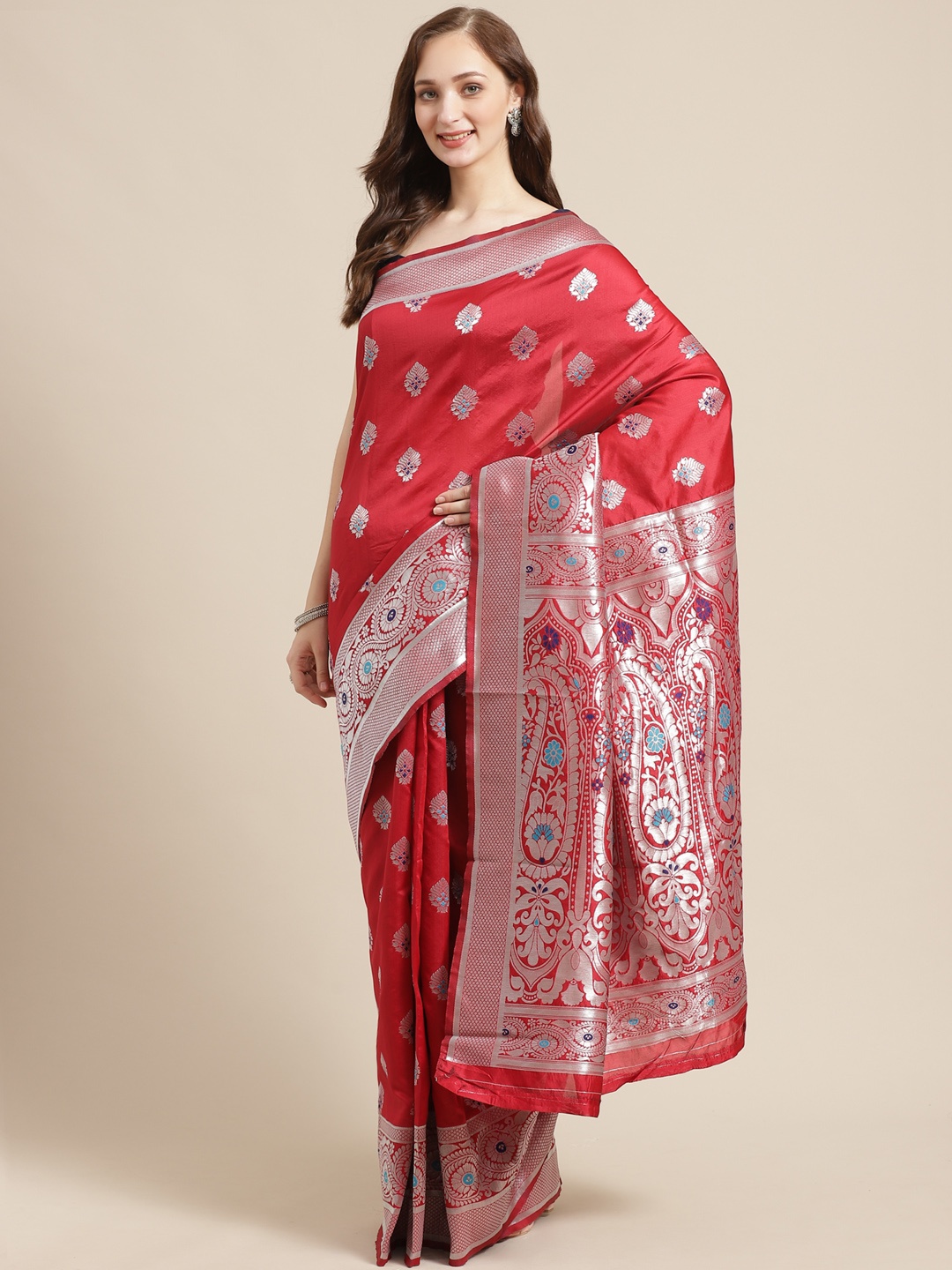 

Shaily Red & Silver Zari Woven Design Saree