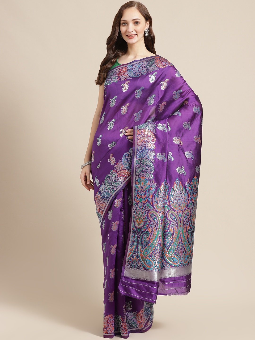 

Shaily Purple & Silver Zari Woven Design Saree