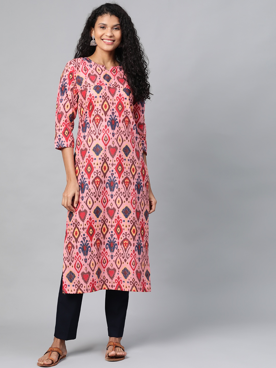 

KALINI Women Pink & Brown Panelled Printed Straight Kurta