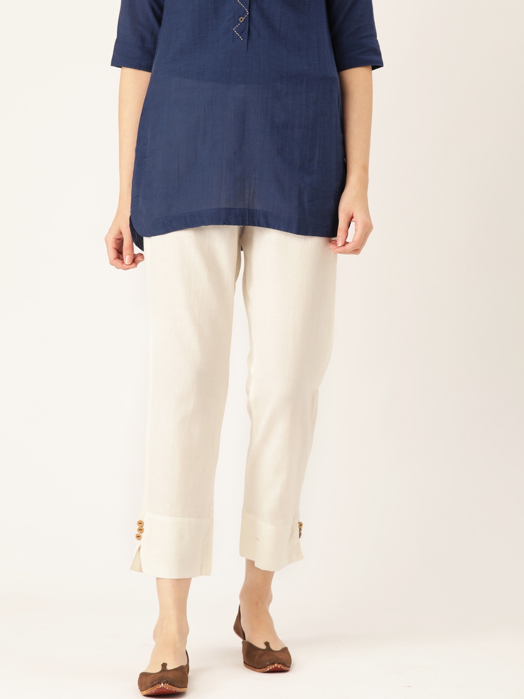 

RANGMAYEE Women White Easy Wash Comfort Straight Fit Solid Cropped Regular Trousers