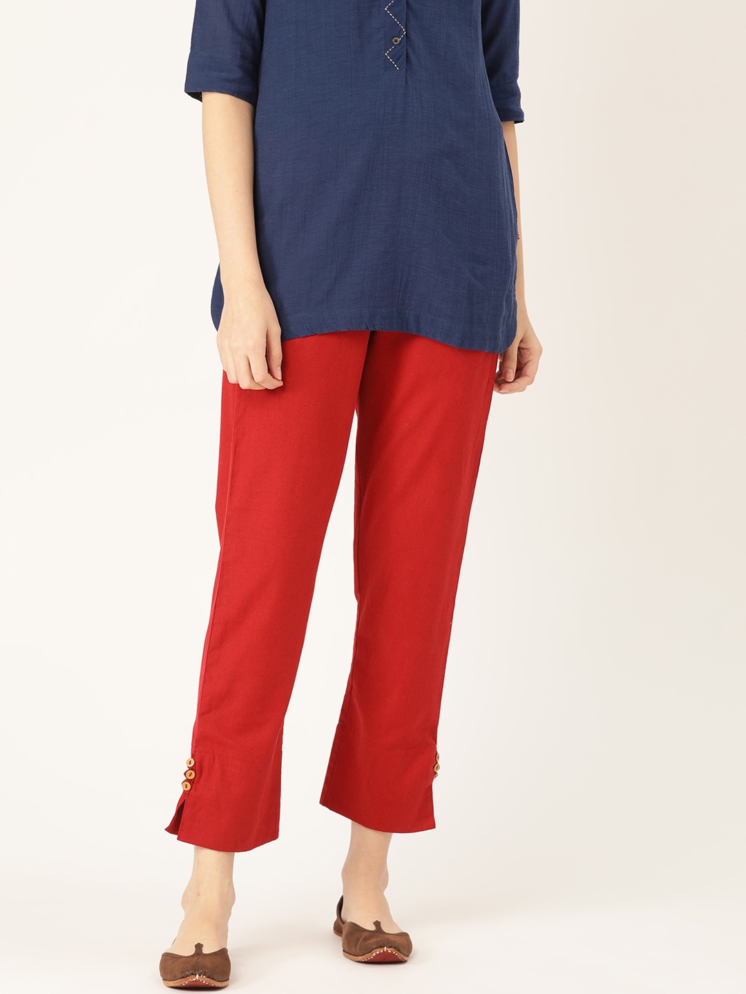 

RANGMAYEE Women Maroon Easy Wash Comfort Straight Fit Solid Cropped Regular Trousers
