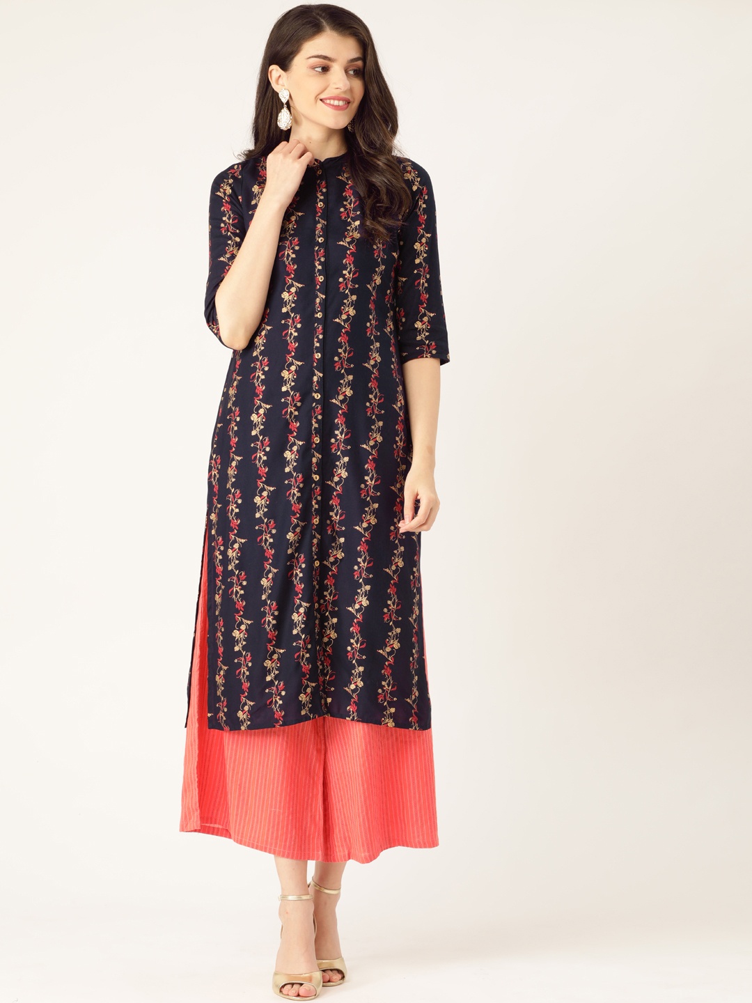 

RANGMAYEE Women Navy Blue & Coral Pink Printed Kurta with Palazzos