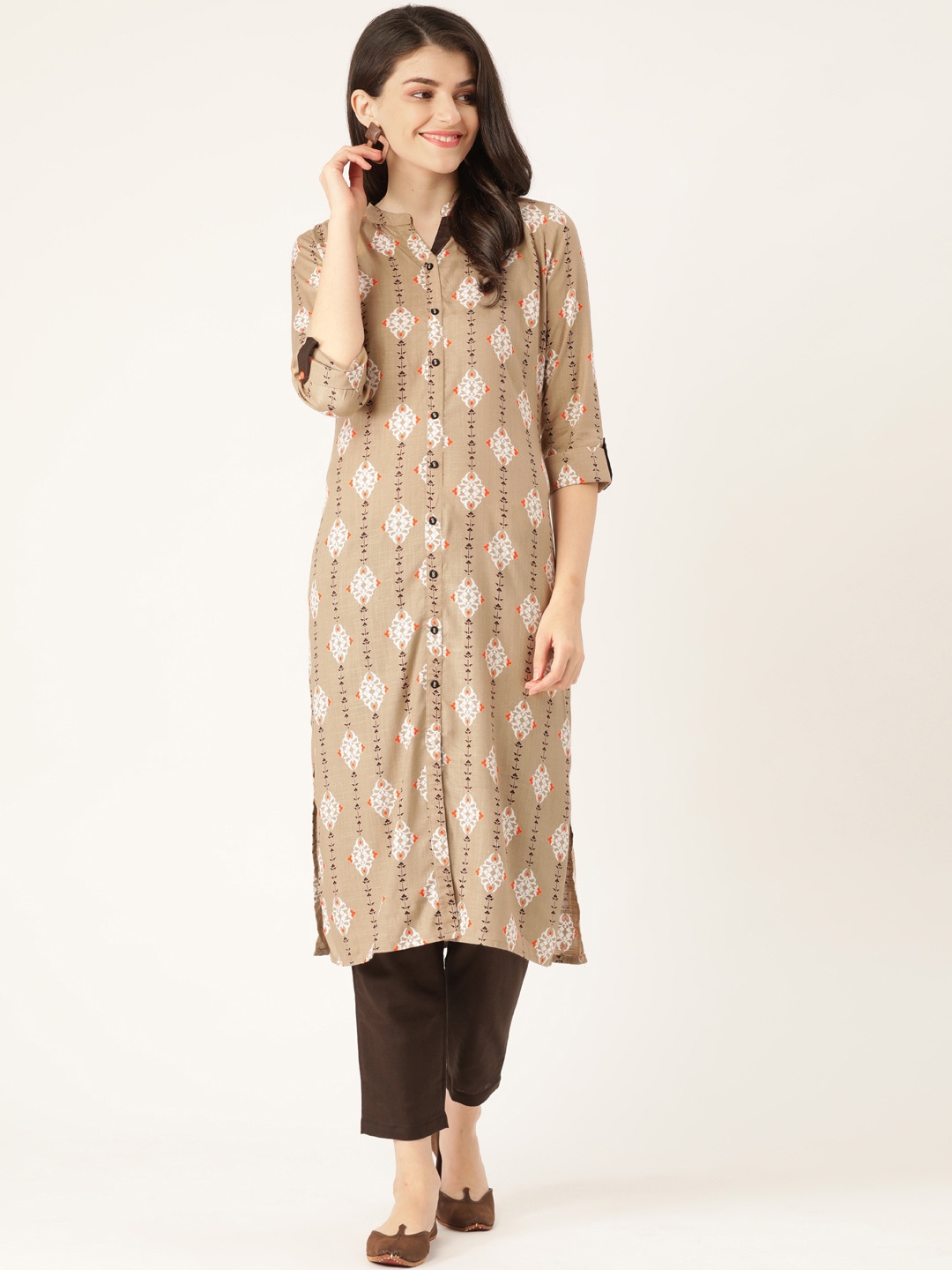 

RANGMAYEE Women Beige & Coffee Brown Ethnic Printed Kurta with Trousers