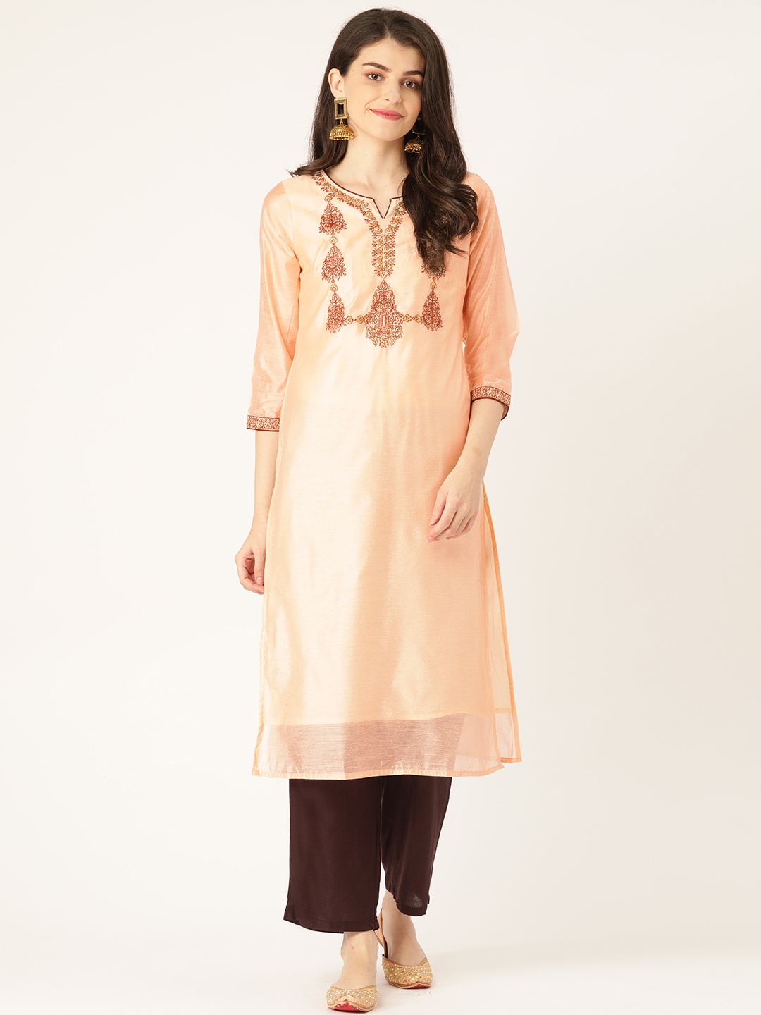 

RANGMAYEE Women Peach-Coloured & Brown Yoke Design Straight Kurta