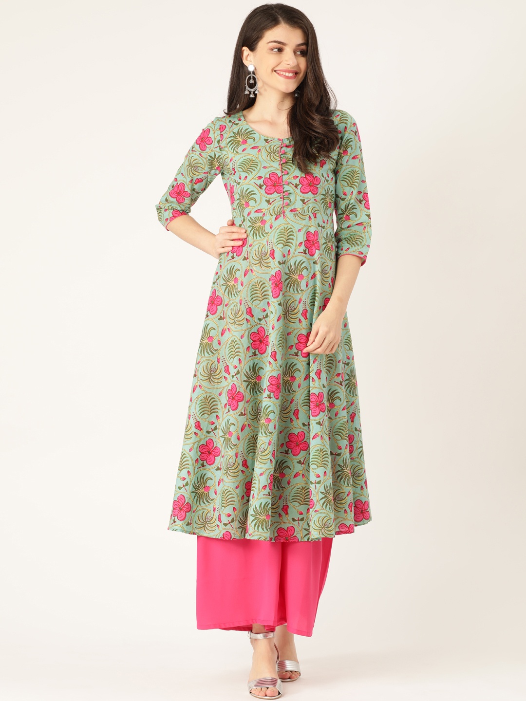 

RANGMAYEE Women Green & Pink Floral Print Anarkali Kurta, Sea green