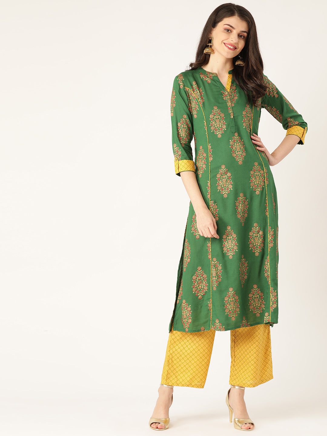

RANGMAYEE Women Green & Mustard Yellow Printed Kurta with Palazzos